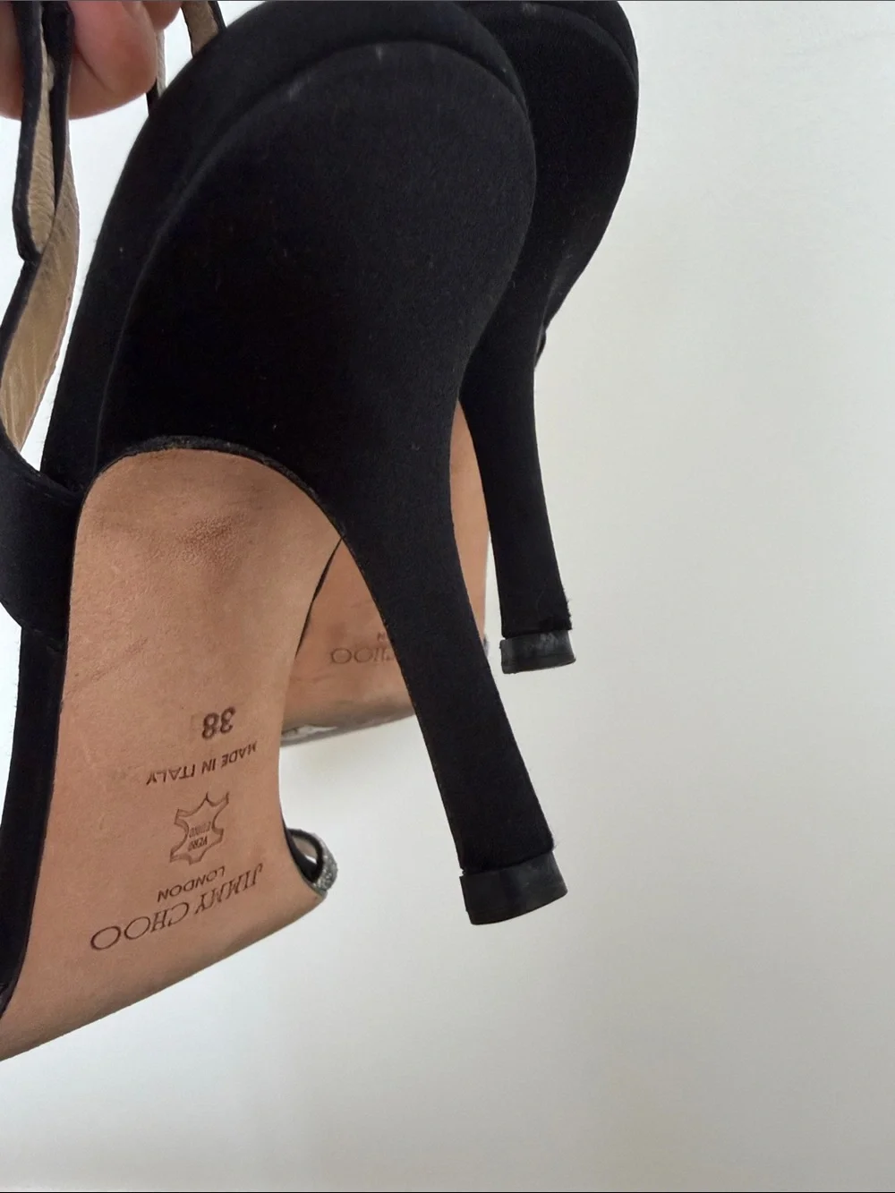 Jimmy Choo India Black Satin Heeled Sandals with Sparkle Straps